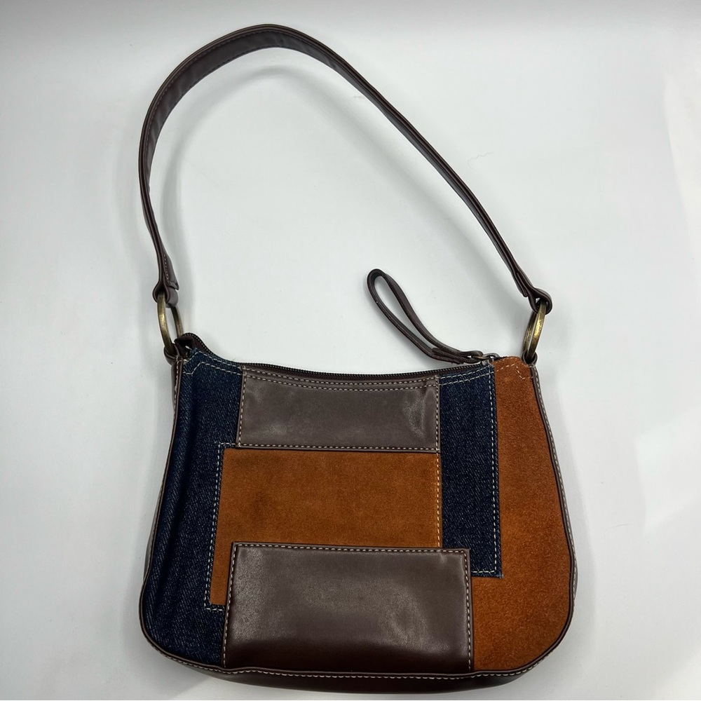 Nine West Shoulder Handbag 
Blue Brown Tan Colorblock 
Faux Leather Patch Bag